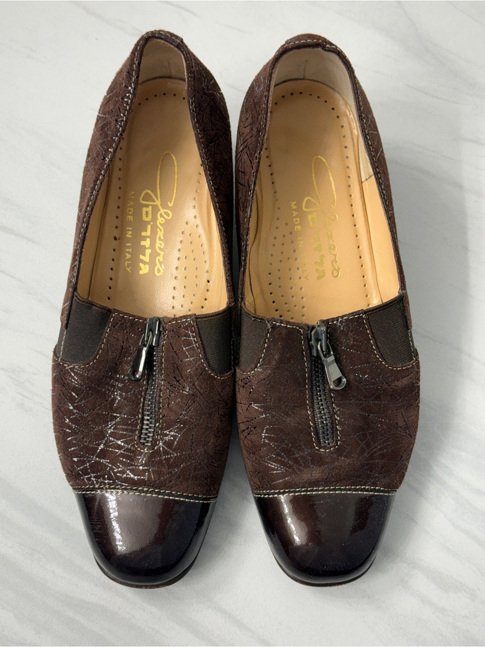 Brown Women's Low-Heel Slip-On Heels with Front Zip